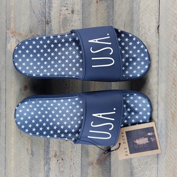 rar dunn USA Slides Sandals Navy White Patriotic - Picture 1 of 8